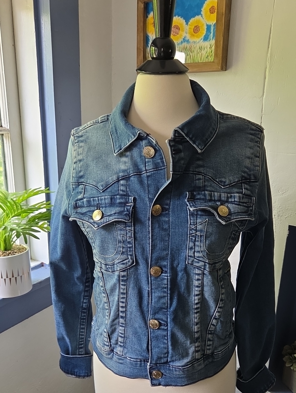 True Religion Dark Indigo Denim Jacket with Brass Buttons
